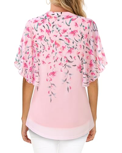 Image of Timeson Women's Short Sleeve V Neck Blouses Shirts Floral Double Layers Mesh Tunics Tops