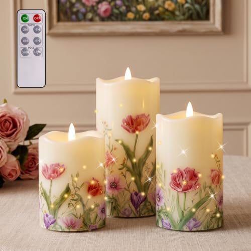 Image of Christmas Flameless Flickering LED Candles,Battery Operated Music Candle with Rotating Santa Claus,3D Wick Pillar Candles Set of 2,for Decorations Indoor (Spring2)