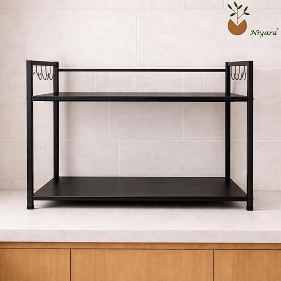 Image of Niyara Iron Metal Heavy Duty Stand 3-Tier Multistorage /Multipurpose Standing Rack, Bathroom Countertop Storage Shelf Cosmetic Organizer Holder Kitchen Spice Rack (Microwave stand black)
