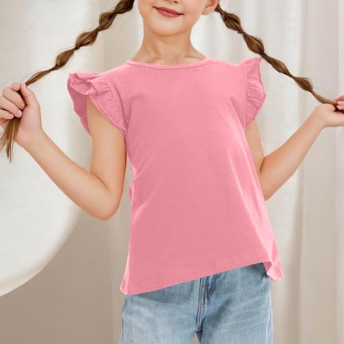 Girls Flutter Sleeve Shirts Comfy Cotton Blend Summer Crewneck Tee Tops Kids Girls Solid Color Casual Cute Tee Blouse2
