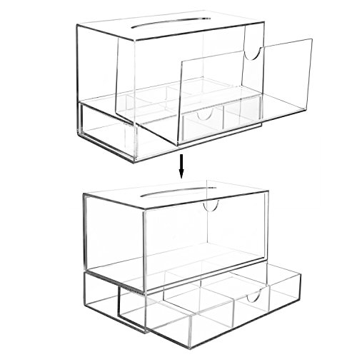 Image of Modern Clear Acrylic Countertop Pull Out Storage Drawer / Cosmetic Organizer Box w / Tissue Dispenser
