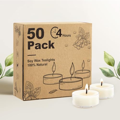 Ashlux 50 Stück 4 Stunden Sojawachs Teelichter Natürlich rauchfrei und unbeduftet Weiß Acrylbecher Teelicht für Weihnachten Hochzeit Geburtstag & Party