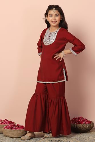 Image of Fashion Dream Girl's Chanderi Silk Ethnic Kurta and Sharara Set|Kids Salwar Suit Set|Sharara Set for Girls