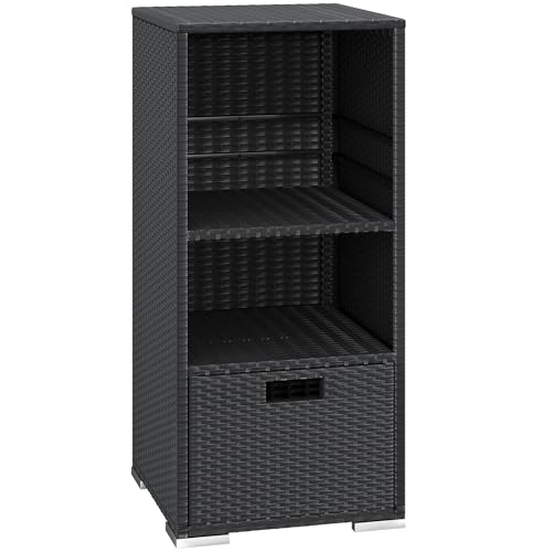 Greesum Rattan Storage Shed Outdoor Towel Rack with 2 Storage Shelves & 1 Bottom Drawer Suitable for Pool Patio Garden Deck Black