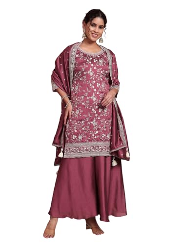 Image of SHOPPING QUEEN Women's Silk Blend Embroidered Kurta and Palazzo Set