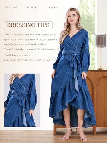 utcoco Womens Casual Belted Long Sleeve Denim Dress Wrapped V-Neck Ruffle Hem Maxi Denim Dresses for Women 20252