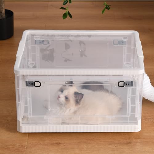 Cat Drying Box | Anti-Hair Flying | Transparent Foldable Pet Drying Room | Drying Cage for Cat and Small Dogs | Without Hair Dryer (Transparent White, Medium)