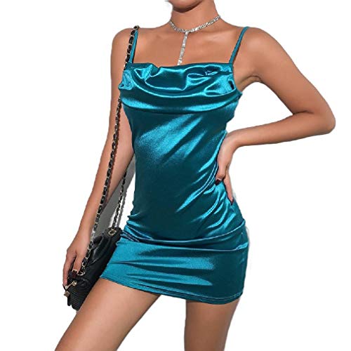 Abetteric Vestido curto de cetim com alças finas e drapeado sexy, Azul, Small