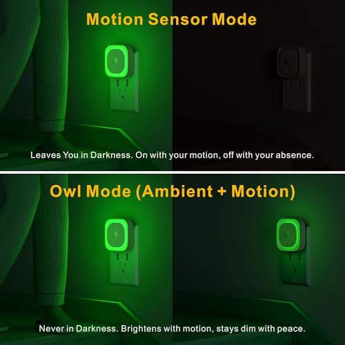 Image of YUNLEX 2 Pack Plug in Night Light with Motion Sensor & Dusk to Dawn Sensor, 3 Sensor Modes, Auto ON /Off, Dimmable Reflected Light, Calming Green LED for Home Office, Hallway, Bathroom
