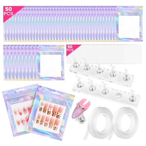 Image of 50 PCS Nails Packaging Bags with Nail Stand for Fake Nail, Holographic Press On Nail Storage Container Nail Art Kit for Diy Design,Nail Cardboards with 2 Double-sided Adhesive Tape Salon Home