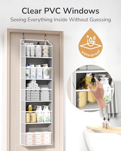 Image of ULG 1-Pack Over Door Organizer with 5 Large Pockets 10 Mesh Side Pockets, 44 lbs Weight Capacity Hanging Storage Organizer with Clear Window for Bedroom Bathroom Kitchen, RV, Camper, Clear Grey
