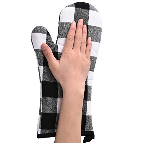 Win Change Oven Mitts and Pot Holders-Oven Mitts and Potholders Soft Cotton Plaid Design Lining Non Slip Oven Mitt Set for Kitchen Cooking Baking Grilling(4-Piece Set,Black/White) - Thumbnail 5