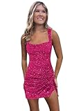 Stylefun Hot Pink Sequin Short Homecoming Dress for Teens 2025 Square Neck Sparkly Homecoming Dresses for Juniors Party Dresses US6