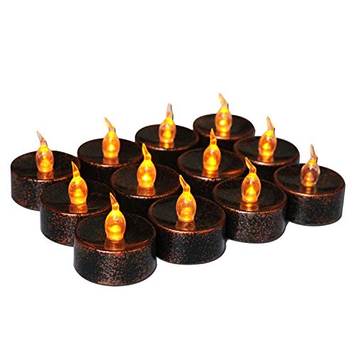 Image of 12PCS Halloween Copper Tea Light Candles Battery Operated | Led Tealights Amber Yellow Flickering,150+ Hours Long-Lasting,Flameless Candles for Diwali Halloween