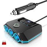 OOWOLF シガーソケット 3連 4ポート付き USB充電器 最大電流3.6A 急速充電 増設 カーチャージャー 12-24V車対応 独立スイッチ 1mケーブル 電圧計 車 ソケット 分配器 スマートIC内蔵 取り替えヒューズ付き