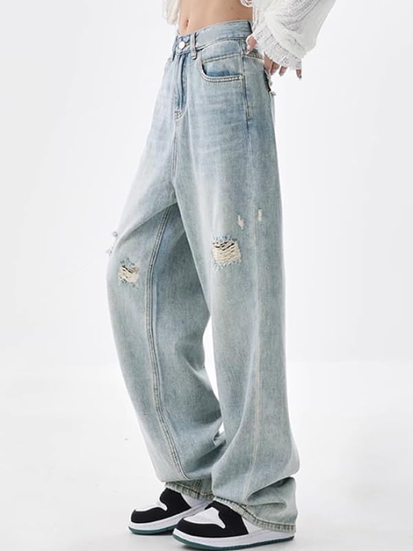 EMMIOL Mid-Low Rise Baggy Jeans for Women, Straight Leg Vintage Boyfriend Jeans with Distressed Details