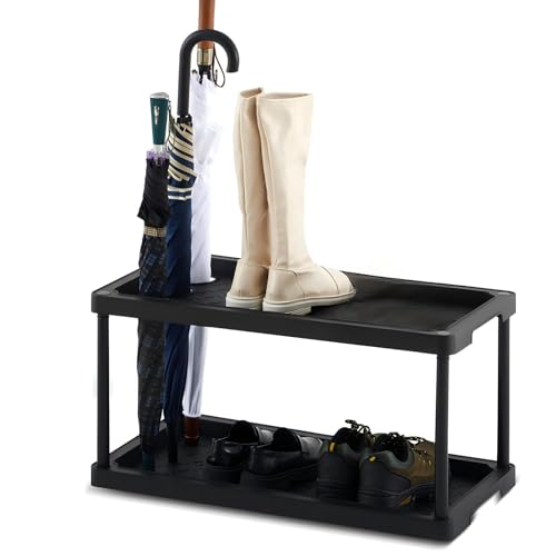 Cinnvoice 2 Tier Large Boot Tray with Umbrella Holder Plastic Shoe Rack Black Waterproof Boot Shoe...