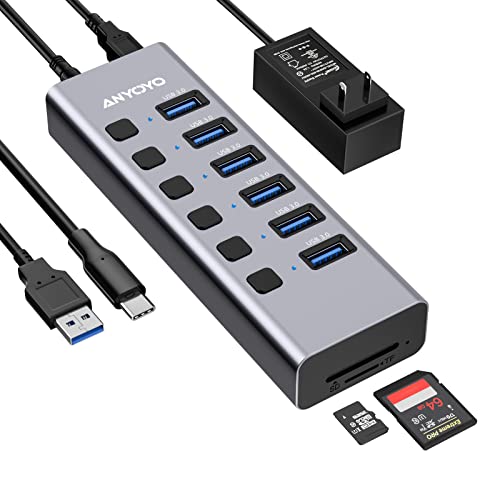 Powered USB Hub with TF/SD Card Reader, 8-Port USB 3.0 Hub with 6 USB 3.0 Data Ports, USB Spilter with Individual On/Off Switches，Aluminum USB Hub with AC Adapter for PC, Desktop, MacBook