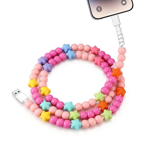 JAKPAK for iPhone Beaded Charging Cord 66W Fast Charging USB A to iPhone Cable 3.3FT Cute Stylish Durable Star Beaded Phone Charger for iPhone 14 13 12 12 11 XR iPad Airpods,Colorful