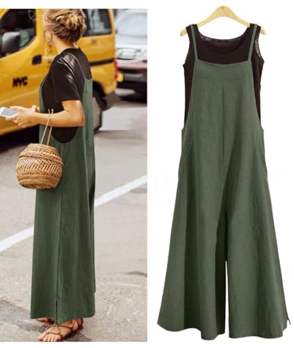 Image of YESNO Women Casual Loose Long Bib Pants Wide Leg Jumpsuits Baggy Cotton Rompers Overalls with Pockets PZZTYP2