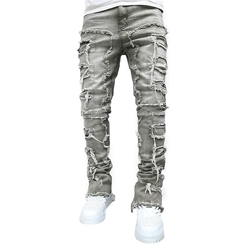 lisenraIn Men Ripped Jeans Slim Fit Distressed Denim Pants Fashion Hip Hop Skinny Patchwork Jeans Streetwear Trousers
