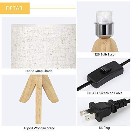 Haitral Small Table Lamps - Wooden Tripod Nightstand Lamps Set Of 2 For Bedroom, Living Room, Office, Home With Fabric Linen Shade #TOP2