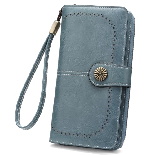 Image of Wristlet Wallets for Women Leather Credit Card Holder Bifold | RFID Blocking, Large Capacity, Ladies Phone Clutch Purse with Zippered Coin Pocket