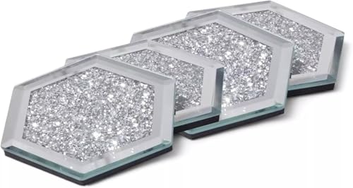 SERENA'S ® 4 Pack Crushed Diamond Crystal and Mirror Coasters Set of 4 Glittering Silver Coasters for Home Kitchen & Restaurant Décor, Sparkly Coaster Set for Gifting on Special Occasions (Hexagon) - Image 2