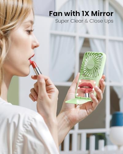 Image of Gaiatop Mini Handheld Fan - 3 Speeds, 2000mAh USB Rechargeable Portable Fan with LED Lighted Makeup Mirror and Stand, Small Personal Fan Ideal for Outdoor Travel, Gifts for Women & Girls (Green)