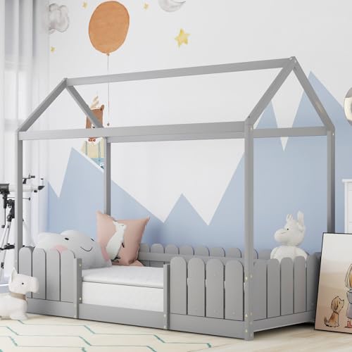 KOMHTOM Lit d'enfant Lit Cabane avec Clôture de Sécurité, Lit de Maison avec Sommier à Lattes en Bois, Cadre de Lit pour Garçons Filles(sans Matelas, 90x200CM)