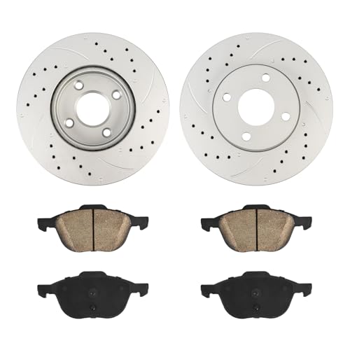 Image of KAX Front Brake Kit Fits Ford Focus 2005 2006 2007, 54132+D1044 | Drilled and Slotted Brake Rotors Ceramic Brake Pads, Automotive Replacement Brake Kit