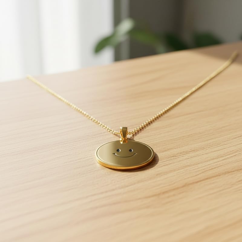 Collier argent 925 plaqué or avec pendentif visage souriant gravé main