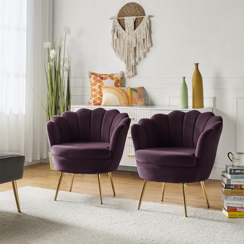 Image of HULALA HOME Modern Velvet Accent Chairs Set of 2 with Shell Shaped Back, Cute Living Room Bedroom Armchairs Sofa Chairs with Gold Legs, Comfy Upholstered Vanity Chairs for Makeup Room, Purple