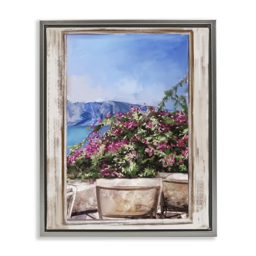 'Through Window View Seaside Flower Garden'| Floating Frame Canvas Art
