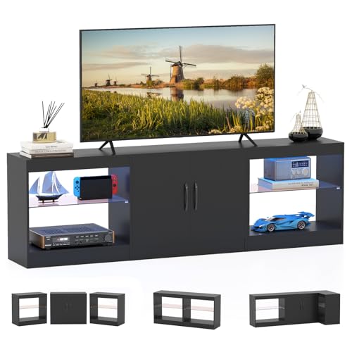 KOMFOTTEU 3-in-1 TV Schrank, Fernsehschrank mit LED-Lichtern für Fernseher bis zu 85 Zoll, TV-Ständer mit verstellbaren Glasböden, Lowboard für Wohnzimmer, Schlafzimmer, 195 x 30 x 55 cm (Schwarz)