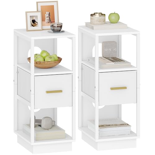 Hzuaneri Table de Chevet, Lot de 2, Table de Nuit Étroite avec 1 Tiroir en Tissu, Tables d'Appoint avec Compartiment Ouvert, Moderne, pour Chambre à Coucher,...