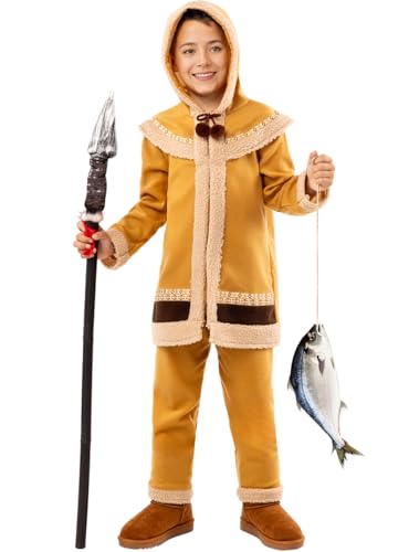 Funidelia | Costume desquimau pour garçon Pays, Cultures, Originaux et Drôle, le Monde - Déguisement pour enfant et accessoires pour Halloween, carnaval et fêtes. - Taille 7-9 ans - Marron