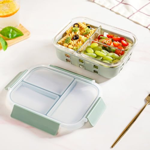 Image of Nestasia Glass Lunch Box with Silicone Sleeve (1000ml) - Borosilicate Glass Lunch Box with 3 Compartments for Office | Microwave & Freezer Safe, Leak-Proof Tiffin Box with Clip Locks (Green)