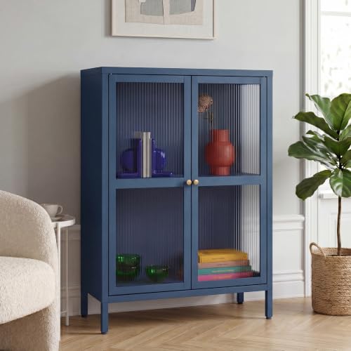 [en.casa] Aparador Säkylä Mueble de Salón con Compartimentos Mueble Auxiliar para Comedor Cocina con 2 Puertas de Vidrio Acanalado y Acero 84 x 64 x 35 cm - Azul Marino