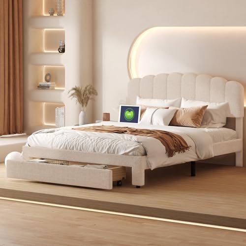 Henunem Cama tapizada para cama doble de 140 x 200 cm, con cajones de almacenamiento, cama funcional con somier de madera, sin colchón (beige-98)