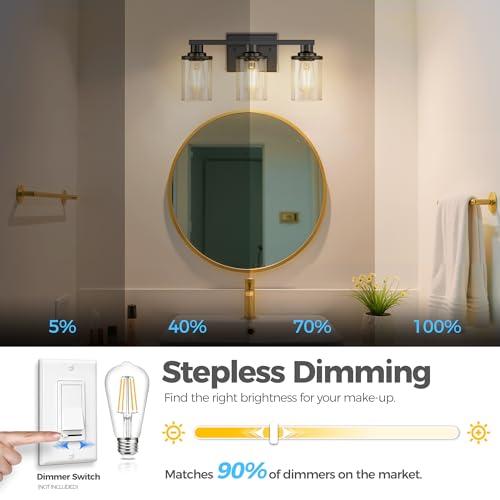 Image of DORESshop 17 Inch 3-Light Black Bathroom Vanity Light with 3 Bulbs