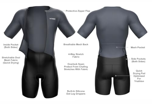 WIXEN Men’s Premium Short Sleeve Triathlon Suit, Padded Aero Tri Suit for Swim Bike Run, Quick-Dry Performance Skinsuit Black/Dark Gray