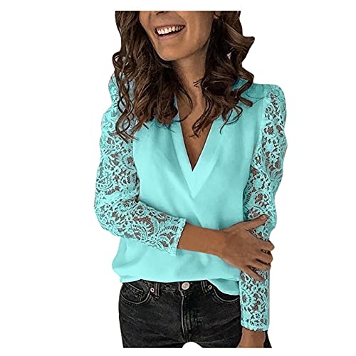 ZEFOTIM Deep V Neck Shirts Women,Spring Casual Lace Trim Plain Tops Shirts Trendy Long Sleeve Slim Tunic Blouse Tees Tunic Tops for Women Blouses for Women 2022 Womens Tunic Tops(Blue,X-Large)