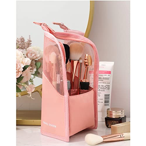 Linsiter Makeup Brush Travel Case Stand Up, High Capacity Makeup Organizer Portable Travel Makeup Brush Holder (Pink)