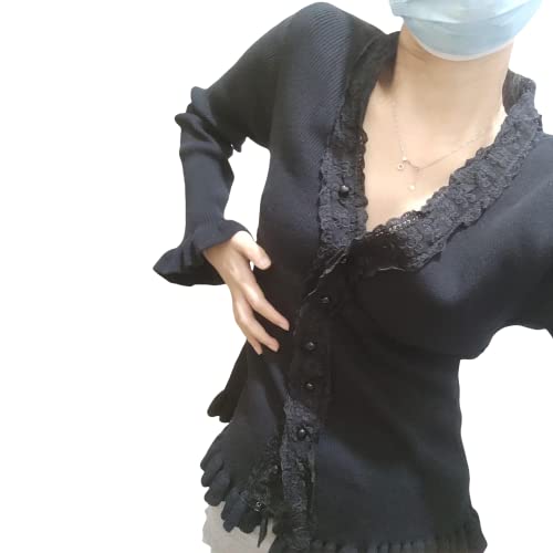 Fairy Grunge Shirts For Women Y2K Tops Long Sleeve Lace Patchwork Tees Teen Girls Vintage Slim Blouse Fall Clothes (C4 Button Down Black, M) #TOP2