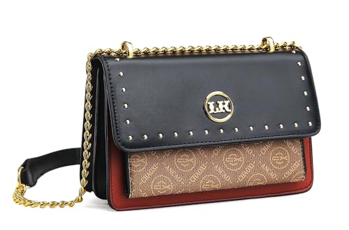 Image of Diva Dale MKF Crossbody Bag, White with Gold Chain Strap, Studded Design, Signature Logo
