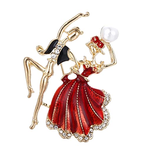 Image of Prince Princess Dancing Couple Brooch Rhinestones Pearl Decorative Red