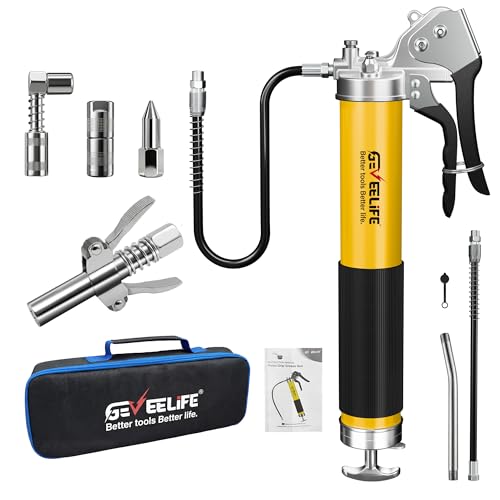 GEVEELIFE Grease Gun Kit,10000 PSI Heavy Duty Pistol Grip Grease Gun with 14 oz Capacity,2×18 Inch Resin Flex Hoses,4 Versatle Couplers,Extension Rigid Pipe,Suitable for Automotive, Marine，Machine
