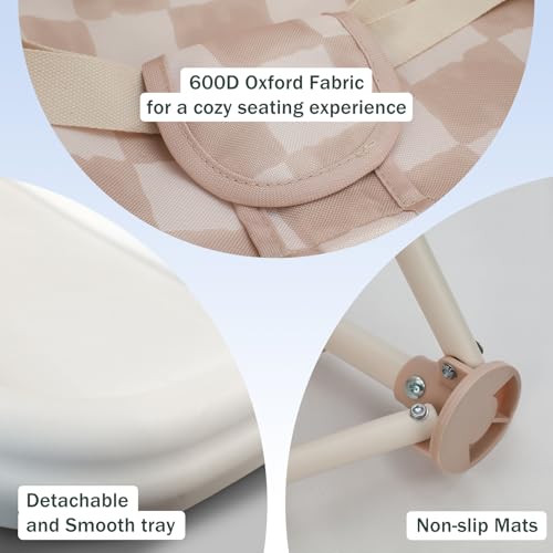 Tiny Marvels Portable 3-in-1 Baby Booster Seat, Cozy Floor Seat, Feeding Seat with Tray, Compact Foldable Toddler Booster with Child Safety Belt Carry Bag, Perfect for Travel (Sand Checker)3