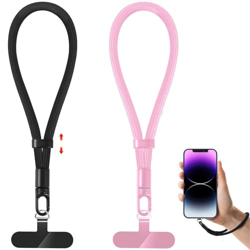 knIykmr Phone Lanyard, 2 Pack Adjustable Cell Phone Lanyard Strap, Hand Wrist Strap Lanyard with Tether Tabs for Smartphones (Black+Pink)